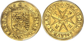 ITALIE
Savoie, Emmanuel-Philibert (1553-1580). Écu d’or au soleil, 9e type 1573, T, Turin.
PCGS MS62 (44002717).
Av. + EM. FILIB. D. G. DVX. SAB. P...