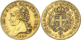 ITALIE
Savoie-Sardaigne, Victor-Emmanuel Ier (1814-1821). 20 lire, variété avec point après PRINC 1821, Turin.
Av. VIC. EM. D. G. REX SAR. CYP. ET I...