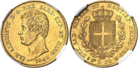 ITALIE
Savoie-Sardaigne, Charles-Albert (1831-1849). 20 lire 1842, Tête d’aigle, Turin.
NGC AU 58 (5787365-094).
Av. CAR. ALBERTVS. D. G. REX. SARD...