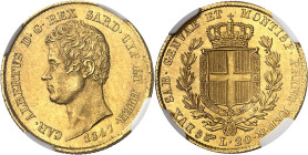 ITALIE
Savoie-Sardaigne, Charles-Albert (1831-1849). 20 lire 1847, Tête d’aigle, Turin.
NGC MS 62 (5787365-095).
Av. CAR. ALBERTVS. D. G. REX. SARD...