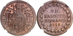 ITALIE
Vatican, Clément XIII (1758-1769). Un baiocco 1758 - An I, Rome.
NGC MS 63 BN (6141766-001).
Av. CLEM. XIII - PON. M. A. (date). Écu festonn...