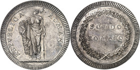ITALIE
République romaine (1798-1799). Écu ND (1799), Rome.
PCGS MS61 (39806846).
Av. REPVBLICA - ROMANA. La Liberté debout à gauche tenant une piq...
