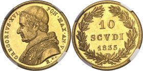 ITALIE
Vatican, Grégoire XVI (1831-1846). 10 scudi, aspect Flan bruni (PROOFLIKE) 1835 - An V, R, Rome.
NGC MS 63 PL (6389234-058).
Av. GREGORIVS. ...