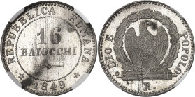 ITALIE
Vatican, République romaine (1848-1849). 16 baiocchi 1849, R, Rome.
NGC MS 64 (5781773-002).
Av. REPUBBLICA ROMANA. Au centre : 16 BAIOCCHI ...