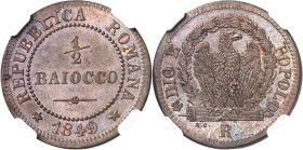ITALIE
Vatican, République romaine (1848-1849). 1/2 baiocco 1849, R, Rome.
NGC MS 64 BN (6141766-007).
Av. REPUBLICA ROMANA. Au centre : 1/2 BAIOCC...