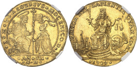 ITALIE
Venise, Alvise III Mocenigo (1722-1732). Oselle de 4 sequins 1724 - An III, Venise.
NGC MS 61 (2117145-021).
Av. *S* M* V* ALOYSIVS* MOCENIG...
