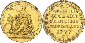 ITALIE
Venise, Alvise IV Mocenigo (1763-1778). Oselle de 4 sequins 1777 - An XV, Venise.
NGC MS 62 (2117145-047).
Av. * VIRTUTIS ET IUSTITIAE FAMA*...
