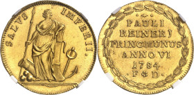 ITALIE
Venise, Paolo Renier (1779-1789). Oselle de 4 sequins 1784 - An VI, Venise.
NGC MS 66+ (2117145-025).
Av. SALVS IMPERII. La Sureté appuyée s...