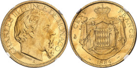 MONACO
Charles III (1853-1889). 100 (Cent) francs 1884, A, Paris.
NGC MS 62 (6389232-093).
Av. CHARLES III PRINCE DE MONACO. Tête nue à droite, au-...