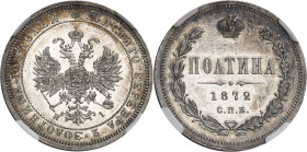 RUSSIE
Alexandre II (1855-1881). Poltina ou 1/2 rouble, Flan bruni (PROOF) 1872 HI, СПБ, Saint-Pétersbourg.
NGC PF 62 CAMEO (6268071-001).
Av. Lége...