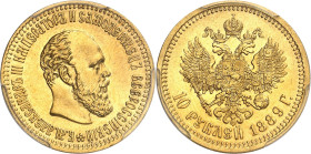 RUSSIE
Alexandre III (1881-1894). 10 roubles 1889 АГ, Saint-Pétersbourg.
PCGS MS62 (17279417).
Av. Légende en cyrillique. Tête nue à droite. 
Rv. ...