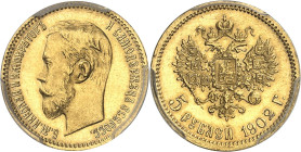 RUSSIE
Nicolas II (1894-1917). 5 roubles 1902, Saint-Pétersbourg.
PCGS MS67 (43256192).
Av. Légende en cyrillique. Tête nue à gauche. 
Rv. Aigle b...