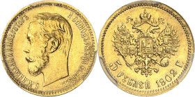 RUSSIE
Nicolas II (1894-1917). 5 roubles 1902, Saint-Pétersbourg.
PCGS MS66 (44504234).
Av. Légende en cyrillique. Tête nue à gauche. 
Rv. Aigle b...