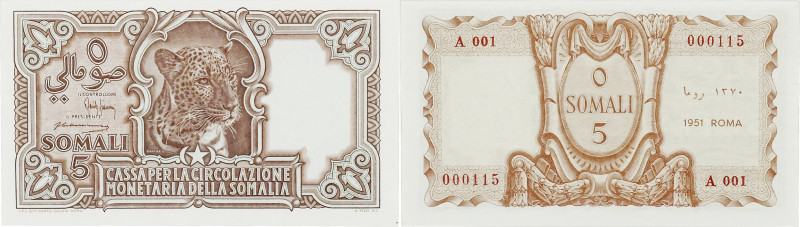 SOMALIE
Territoire sous tutelle italienne (1950-1960). Billet de 5 somali 1951,...