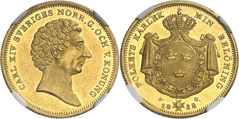 SUÈDE
Charles XIV Jean (1818-1844). 4 ducats 1838 AG, Stockholm.
NGC MS 62 (57...
