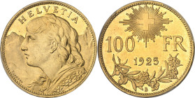 SUISSE
Confédération Helvétique (1848 à nos jours). 100 francs 1925, B, Berne.
PCGS MS65 (44262313).
Av. HELVETIA. Buste d’Helvetia à gauche ; sign...