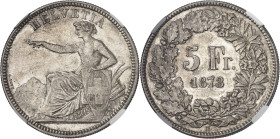 SUISSE
Confédération Helvétique (1848 à nos jours). 5 francs 1873, B, Berne.
NGC MS 63 (6389234-064).
Av. HELVETIA. Helvetia assise à gauche, appuy...