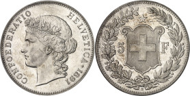SUISSE
Confédération Helvétique (1848 à nos jours). 5 francs 1891, B, Berne.
PCGS MS62 (42191508).
Av. CONFOEDERATIO HELVETICA + (date). Tête lauré...