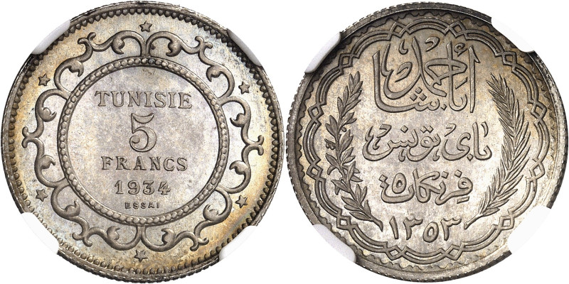 TUNISIE
Ahmed, Bey (1929-1942). Essai de 5 francs (sur flan de module 1 franc) ...