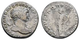 Römer Kaiserzeit
Trajanus, 98-117 AR Denar o.J. Av.: IMP TRAIANO AVG GER DAC P M TR P, sein belorbeertes Haupt nach rechts, Rv.: COS II PP SPQR OPTIM...