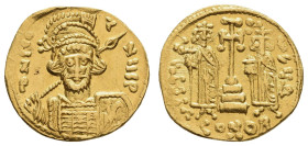 Byzanz
Constantinus IV. Pogonatus, 668-685 AV Solidus Konstantinopel Av.: d N CO' T NUS P, bärtige frontale Büste mit Helm, im Panzer, in der rechten...