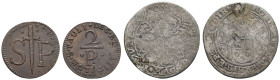 bis 1799 Belgien
Lüttich Lot aus 2 Münzen: 1) Robert de Berghes (1557 - 1564), Sprenger, 6,36 g., Henkelspur, s, 2) Mérau S.P. (Sanctus Paulus), Brot...