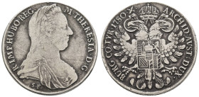 bis 1799 Habsburg
Maria Theresia, 1740-1780 Taler 1780 (1817-1833) Venedig Massiver Kratzer auf dem R.v. und Randfehler Hafner 36a 27.52 g. ss-