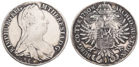 bis 1799 Habsburg
Maria Theresia, 1740-1780 Taler 1780 (1789-1792) Günzburg Av.: Büste im Witwenschleier nach rechts, am Ärmelabschnitt S. F., Rv.: b...