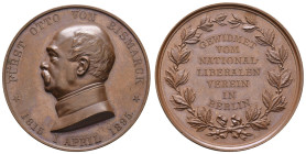 Sonstige Medaillen Personenmedaillen
Bismarck 1895 Bronzemedaille anlässlich des 80. Geburtstages gewidmet vom Nationalliberalen Verein in Berlin, Av...