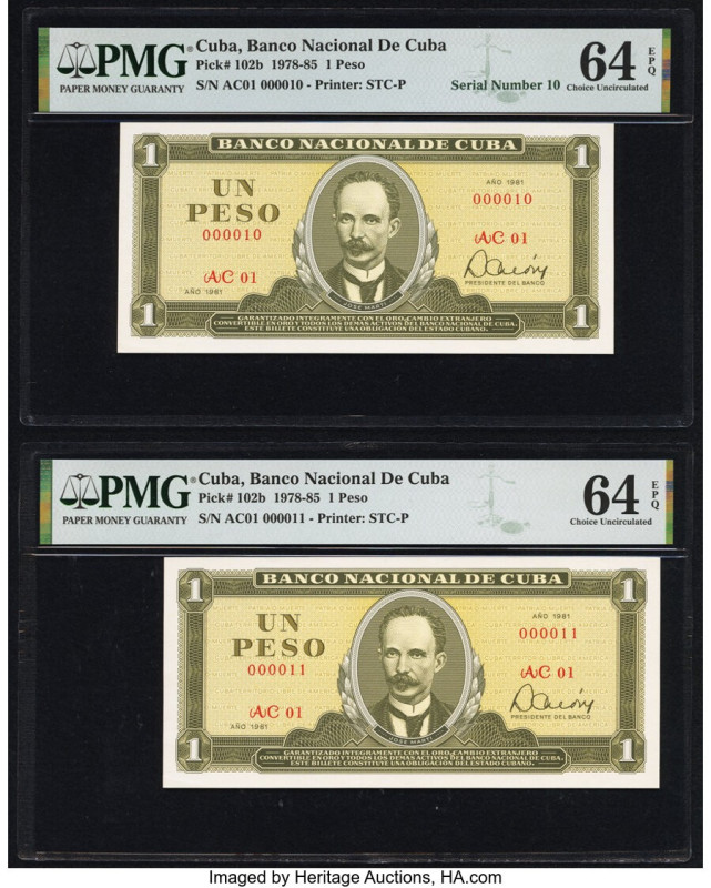 Super Binary Serial Numbers 10 & 11 Cuba Banco Nacional de Cuba 1 Peso 1981 Pick...