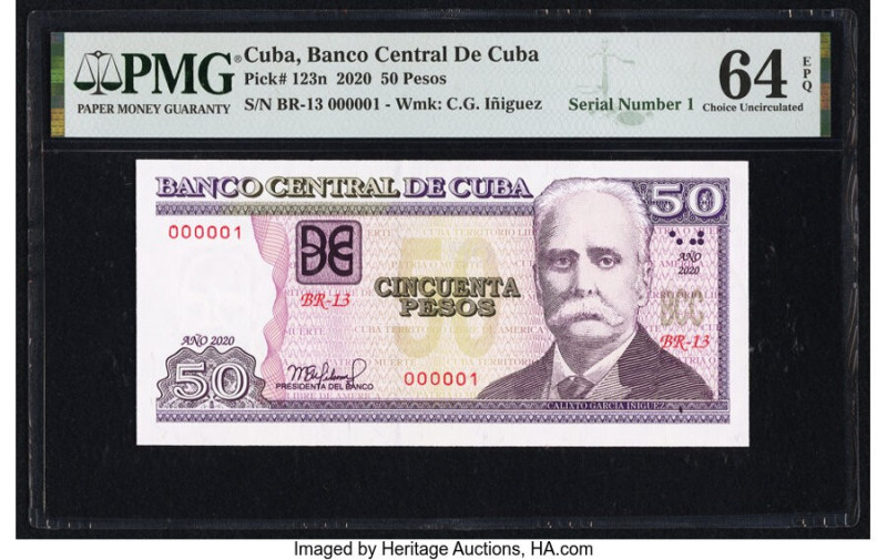 Serial Number 1 Cuba Banco Central de Cuba 50 Pesos 2020 Pick 123n PMG Choice Un...