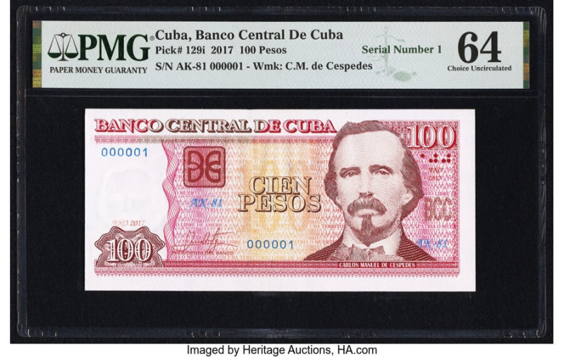 Serial Number 1 Cuba Banco Central de Cuba 100 Pesos 2017 Pick 129i PMG Choice U...
