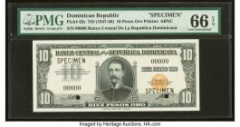 Dominican Republic Banco Central de la Republica Dominicana 10 Pesos Oro ND (1949) Pick 62s Specimen PMG Gem Uncirculated 66 EPQ. Two POCs are present...