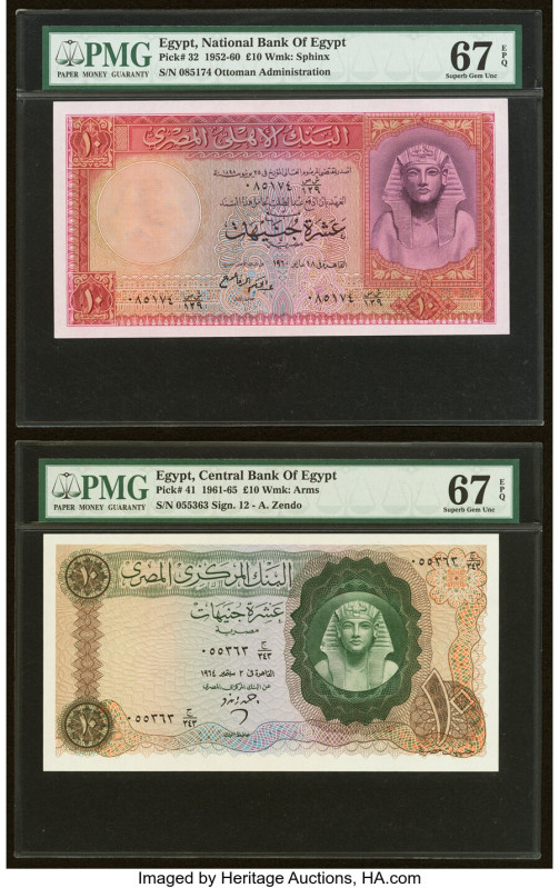 Egypt National Bank of Egypt 10 Pounds 1952-65 Pick 32; 41 Two Examples PMG Supe...