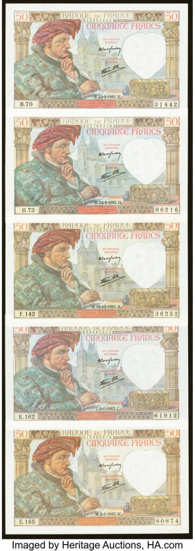 France Banque de France 50 Francs 24.4.1941 (2); 8.1.1942 (3) Pick 93 Five Examp...
