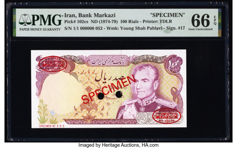 Iran Bank Markazi 100 Rials ND (1974-79) Pick 102cs Specimen PMG Gem Uncirculate...