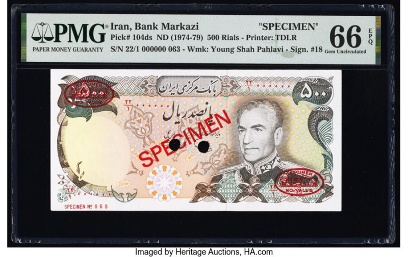 Iran Bank Markazi 500 Rials ND (1974-79) Pick 104ds Specimen PMG Gem Uncirculate...