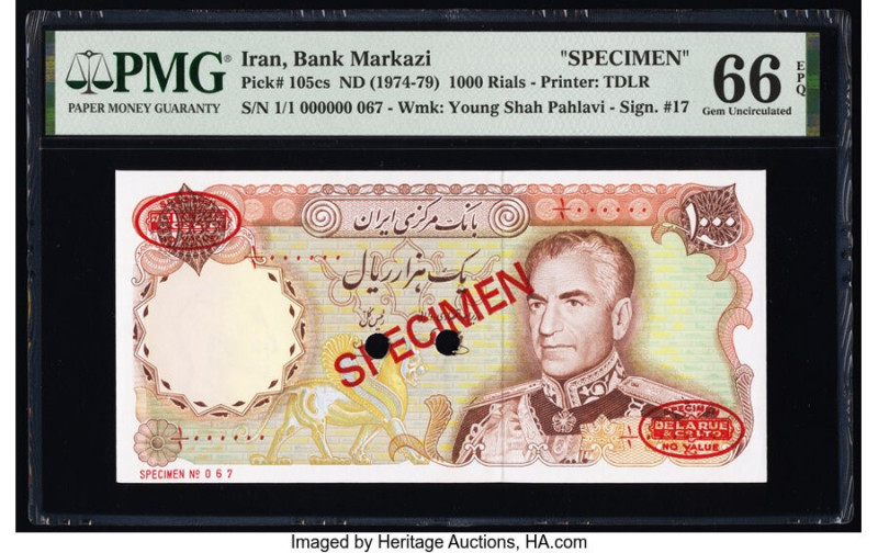 Iran Bank Markazi 1000 Rials ND (1974-79) Pick 105cs Specimen PMG Gem Uncirculat...