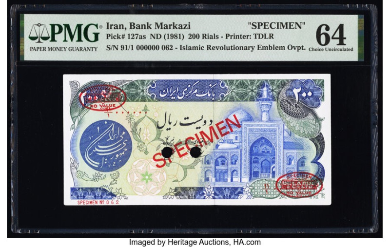 Iran Bank Markazi 200 Rials ND (1981) Pick 127as Specimen PMG Choice Uncirculate...