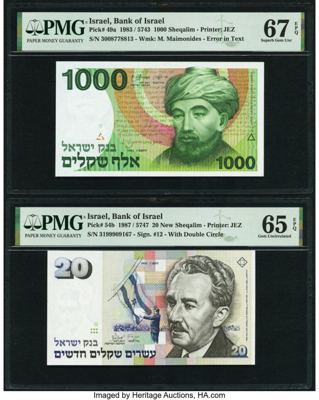 Israel Bank of Israel 1000 Sheqalim; 20 New Sheqalim 1983; 1987 Pick 49a; 54b Tw...