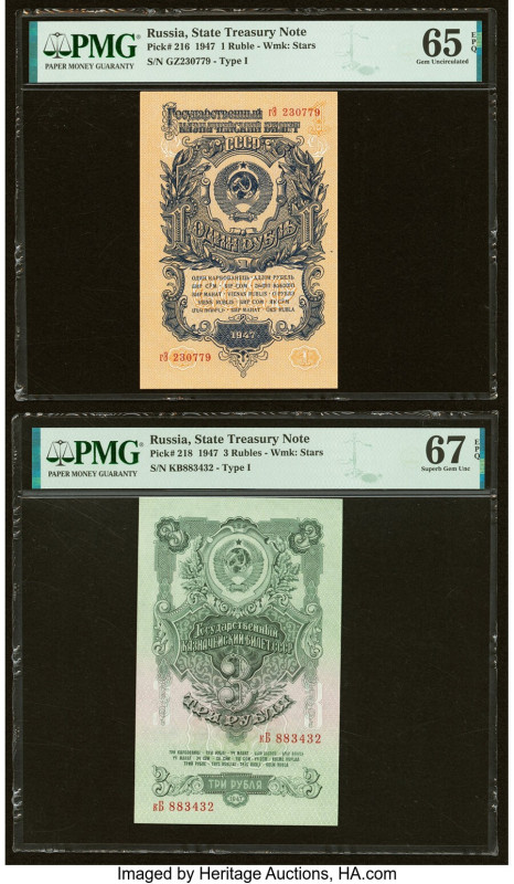 Russia State Treasury Note Group Lot of 7 Examples with Album PMG Superb Gem Unc...