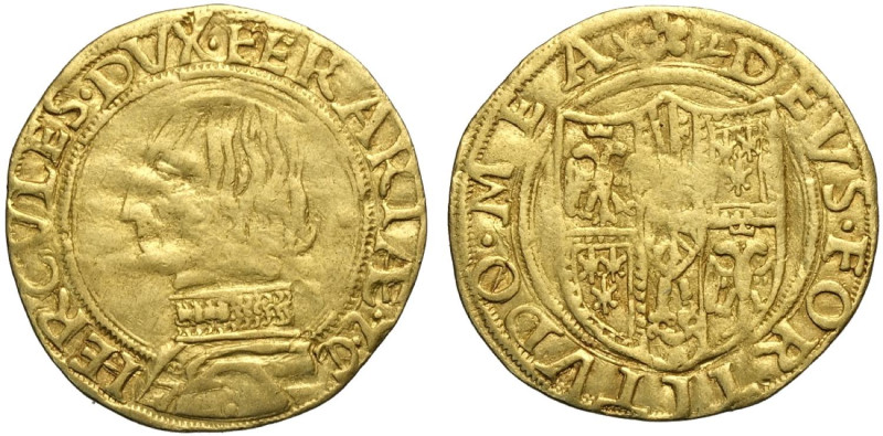 Ferrara, Ercole I d'Este (1471-1505), Ducato con ritratto e stemma, Au mm 22 g 3...