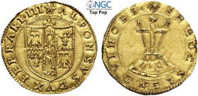 Ferrara, Alfonso I d'Este (1505-1534), Scudo d'oro del Sole, MIR-269 Bell-20 Au mm 25 g 3,36 di alta conservazione, in Slab NGC MS63 (Top Pop! Cert. 5...