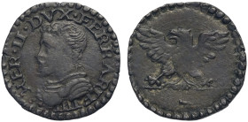 Ferrara, Ercole II d'Este (1534-1559), Sesino, MIR-302 Bell-9 var Mi mm 17 g 1,11 di alta conservazione per il tipo di moneta, BB-SPL