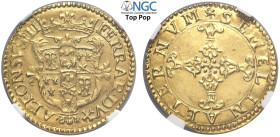Ferrara, Alfonso II d'Este (1559-1597), Scudo d'oro del Sole sd, Rara MIR-305/3 Fr-273 Au mm 25 g 3,26 in Slab NGC AU55 (Top Pop! Cert. 5789044006)