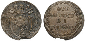 Foligno, Pio VI (1775-1799), 2 Baiocchi 1795 anno XXI, RR Cu mm 36 g 21,82 carenza di metallo al bordo ma ottimo esemplare per questa tipologia, SPL