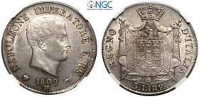 Milano, Napoleone I Re d'Italia (1805-1814), 5 Lire 1809 contorno in rilievo, Ag mm 37 in Slab NGC MS61 (second best grade, cert. 5786623001)