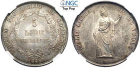 Milano, Governo Provvisorio (1848), 5 Lire 1848 rami lunghi, RR Ag mm 37 una moneta eccezionale, traspare una patina multicolore. In Slab NGC MS66 (To...