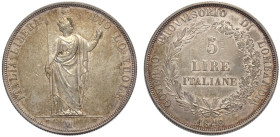 Milano, Governo Provvisorio (1848), 5 Lire 1848, Ag mm 37 fondi lucenti, segnetti al rovescio ma buon SPL
