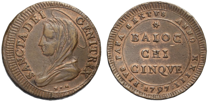 Roma, Pio VI (1775-1799), Madonnina da 5 Baiocchi 1797 anno XXIII, Cu mm 33 g 17...